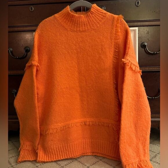 Strut and Bolt orange knit mock neck sweater with fringe detail NWOT L - Picture 1 of 11